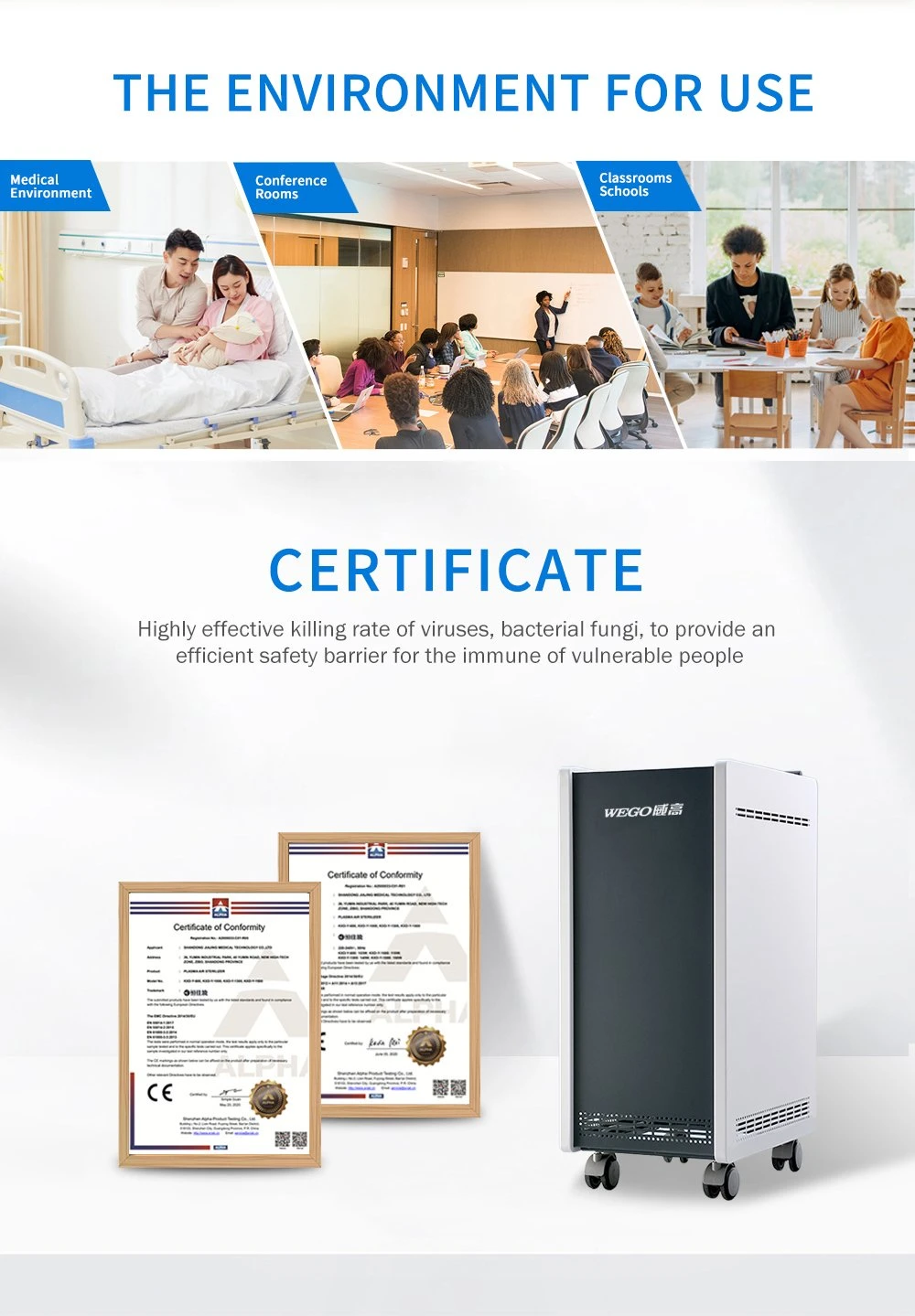 Wg-Y-600 Portable Plasma OEM Medical Commercial Home H13 HEPA Filter Electrostatic UVC Ion Air Cleaner Purifier Moveable Type